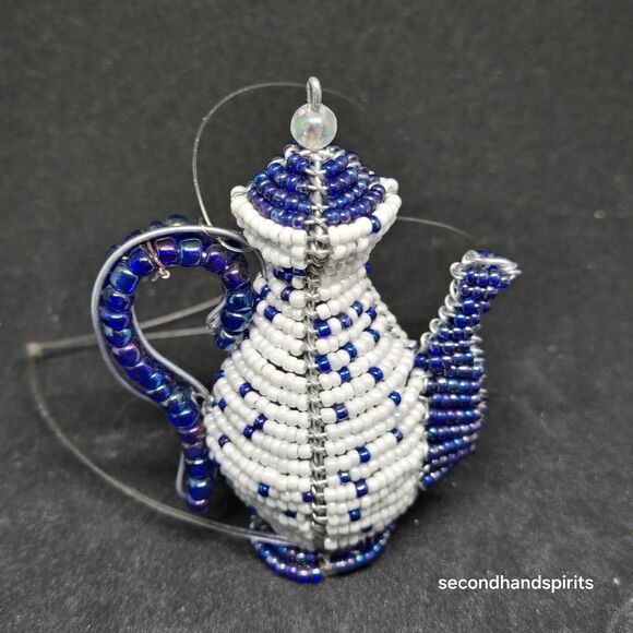Charming Teapot Christmas Ornament – Blue & White Beads – Holiday Tree Decor - Picture 1 of 2